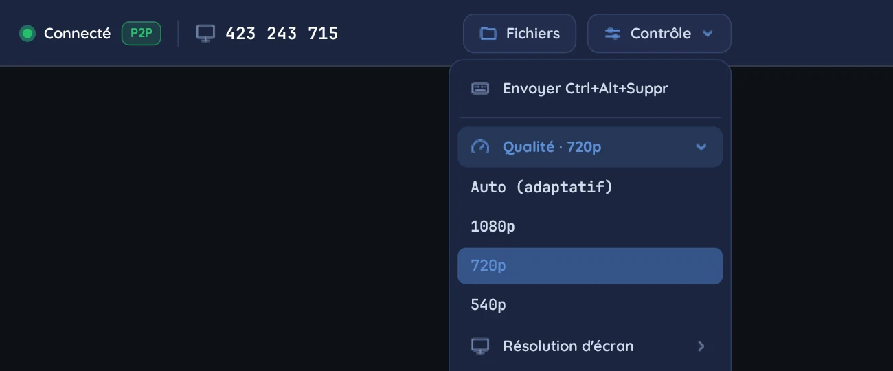 Barre de session de Winalco Remote : état « Connecté » en direct (P2P), identifiant du poste, boutons « Fichiers » et « Contrôle ». Le menu « Contrôle » est ouvert sur « Envoyer Ctrl+Alt+Suppr » et le choix de la qualité : Auto (adaptatif), 1080p, 720p ou 540p.